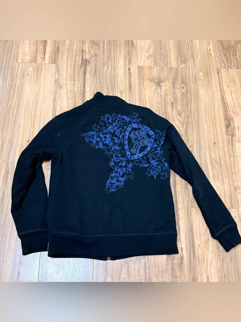 Y2K Black Zip Up Jacket Blue Ornate Graphic Celtic Cross Streetwear Sz M